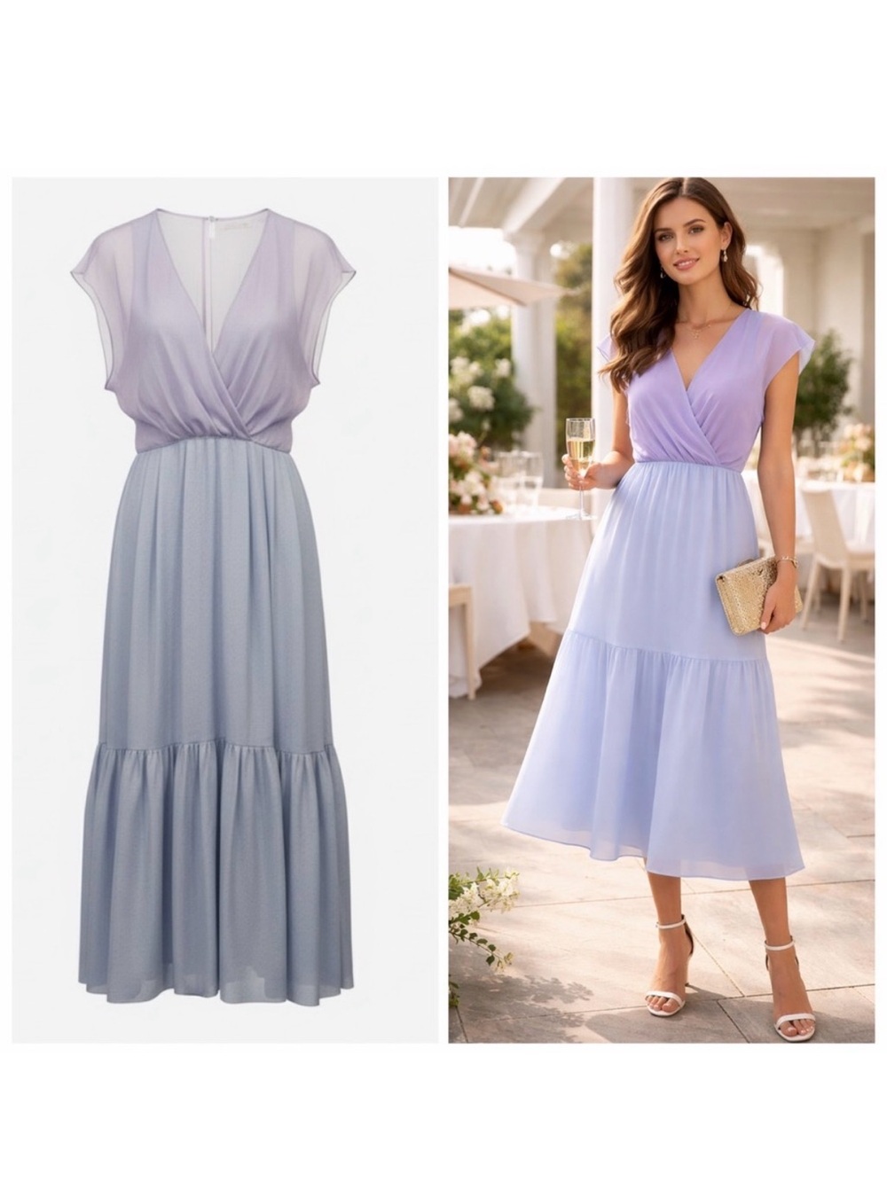 Emporio Armani Pastel Purple Blue Midi Dress Silk Chiffon Colorblock 4 Wedding